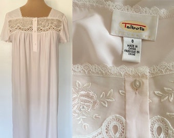 Vintage 90s Pink Embroidered Nightgown *Small* TALBOTS Sheer Pearl Embellished Gown