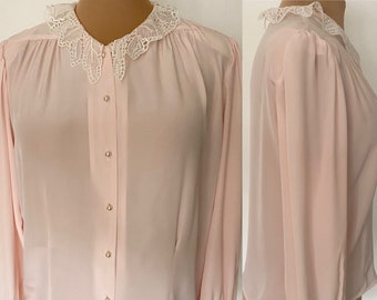 Vintage Pink Silky 80s Blouse *Medium* LA BLOUSE Embroidered Lace Collar Top