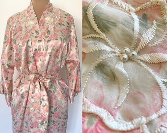 SALE! Vintage 80s Pearl Embellished Satin Robe *large