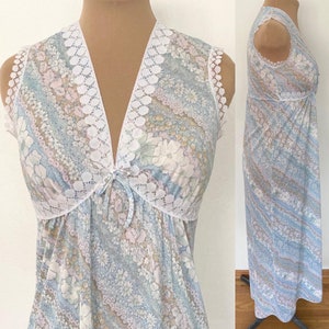 Vintage 60s Nylon Empire Nightgown *Small* BLUE Semi-Sheer Floral Nightdress
