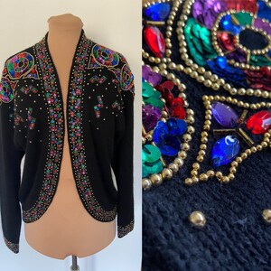 Vintage 80s DIANA MARCO Silk Sequin Cardigan *Size 22* Angora Beaded Embellished Sweater