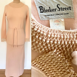 SALE! Vintage 70s Maxi Dress *Medium* BLEEKER STREET Apricot Long Sleeve Knit Belted Dress