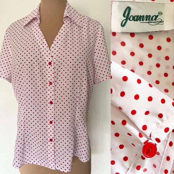 SALE! Vintage Polka Dot 80s Blouse *Large* JOANNA Red White Dotted Rockabilly Top