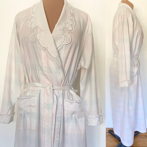 Vintage 80s Plaid Flannel Robe *Large* VICTORIA'S SECRET Pastel Embellished Bathrobe