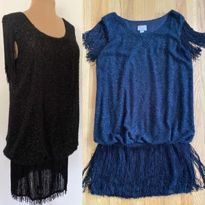 Vintage 80s Fringed Mini Dress *11/12* DIAMOND&#39;S RUN Black Sparkle Flapper Evening Dress