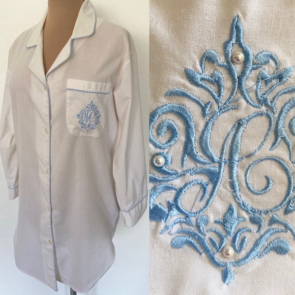 Vintage Cotton Blend Sleep Shirt *Small* ADONNA Embroidered Long Sleeve Nightgown