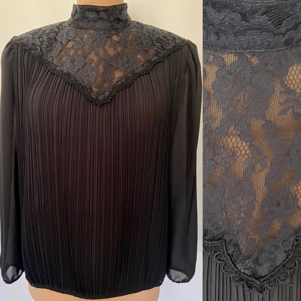 Vintage 80s Victorian Blouse *Size 10* NILANI Black Back Button High Collar Pleated Top