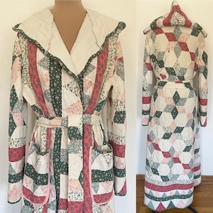 Vintage 60s-Inspired Quilted Wrap Robe *XL/Plus/Tall* Pink Green Floral Hooded Cottagecore Housecoat