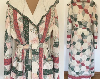 Vintage 60s-Inspired Quilted Wrap Robe *XL/Tall* Ivory/Burgundy/Green Floral Hooded Cottagecore Housecoat