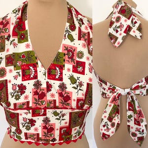Vintage 50s-Inspired POP FLOWERS Halter Top *XL/40* Pink Red Boho Hippie Backless Crop Top