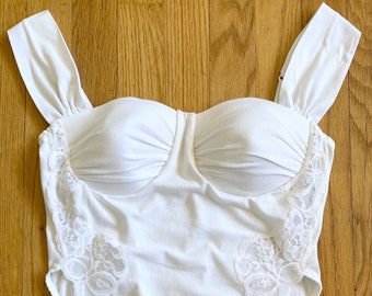 Vintage 90s Stretch Cotton Bodysuit *Large* JONES NEW YORK White Lace Teddie High Cut Legs