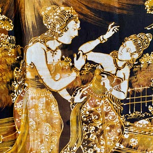 May include: An artistic depiction of two figures in traditional attire, rendered in shades of gold, brown, and white against a black backdrop. The figures are engaged in a dynamic interaction, with intricate patterns adorning their clothing. The artwork evokes a sense of cultural heritage.