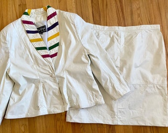 Vintage 80s White Leather Skirt Suit *26.5* GINO di GIORGIO Peplum Jacket