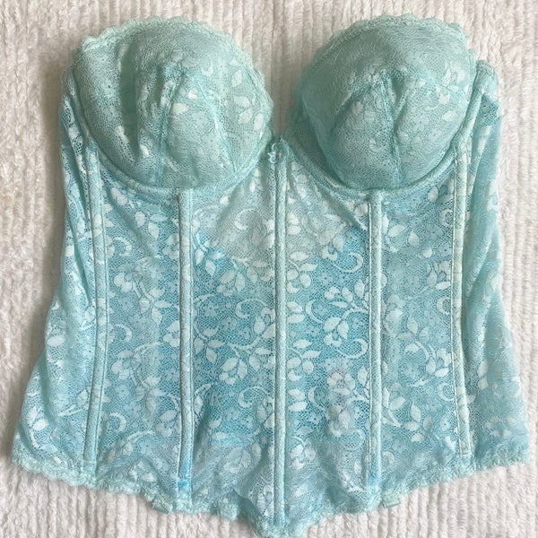 Vintage 80s Lace Bustier Bra *36B* FREDERICK'S Of HOLLYWOOD Blue Strapless Longline Corset