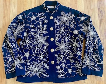 Vintage 90s NEW DIRECTIONS Sequin Jacket *Medium* Black/Gold Blazer with Floral Embroidery