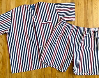 Vintage 80s Men&#39;s TOWNCRAFT Shorts Pajamas *2XL* Blue Striped Cotton Blend Pajama Set