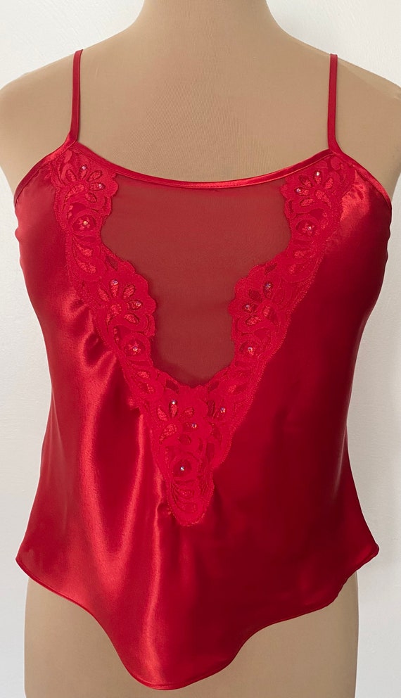 Vintage 80s Red Satin Sheer V Cami *Medium* DELIC… - image 1