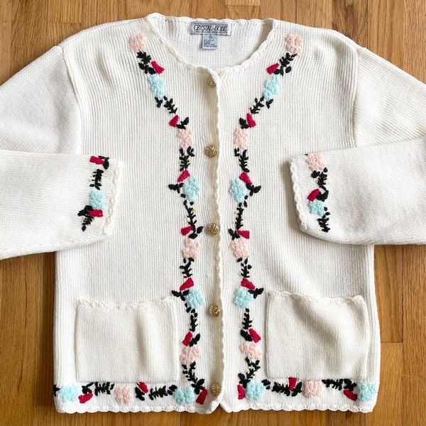 Vintage 80s Embroidered Cardigan *Medium* CRYSTAL-KOBE Ivory Floral Sweater Jacket