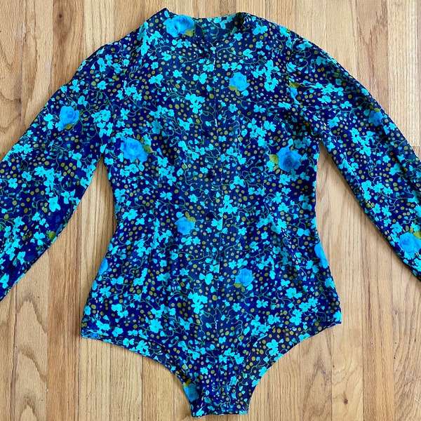 Vintage 60s Blouse Bodysuit *Medium* PAULINE TRIGERE Sheer Navy Blue Floral Polka Dot