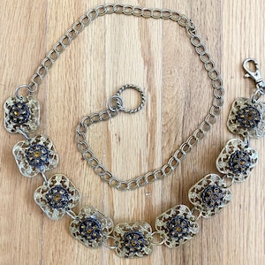 Vintage 60s Rhinestone Chain Link Belt *One Size* Gold Tone/Amber Square Adjustable Belt