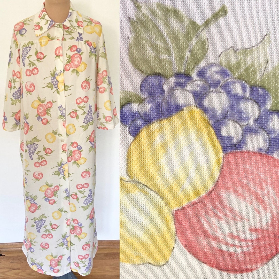Snap Front Robe Pattern Mod Vintage 60s FRUIT PRINT Novelty Robe *large* Long Knit Snap Front ...