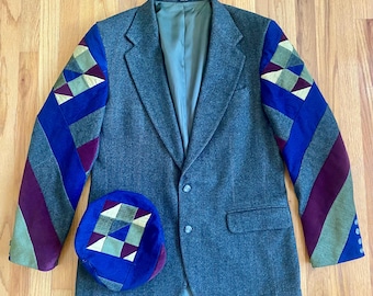 Vintage 80s Men&#39;s PATCHWORK Blazer Set *42/XL* HOLBROOK Green Wool Quilted Jacket and Cap