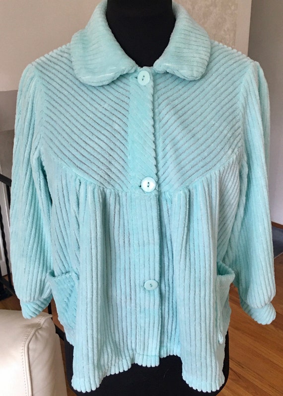 Vintage BLUE *Medium* Chenille Bed Jacket Short Ro