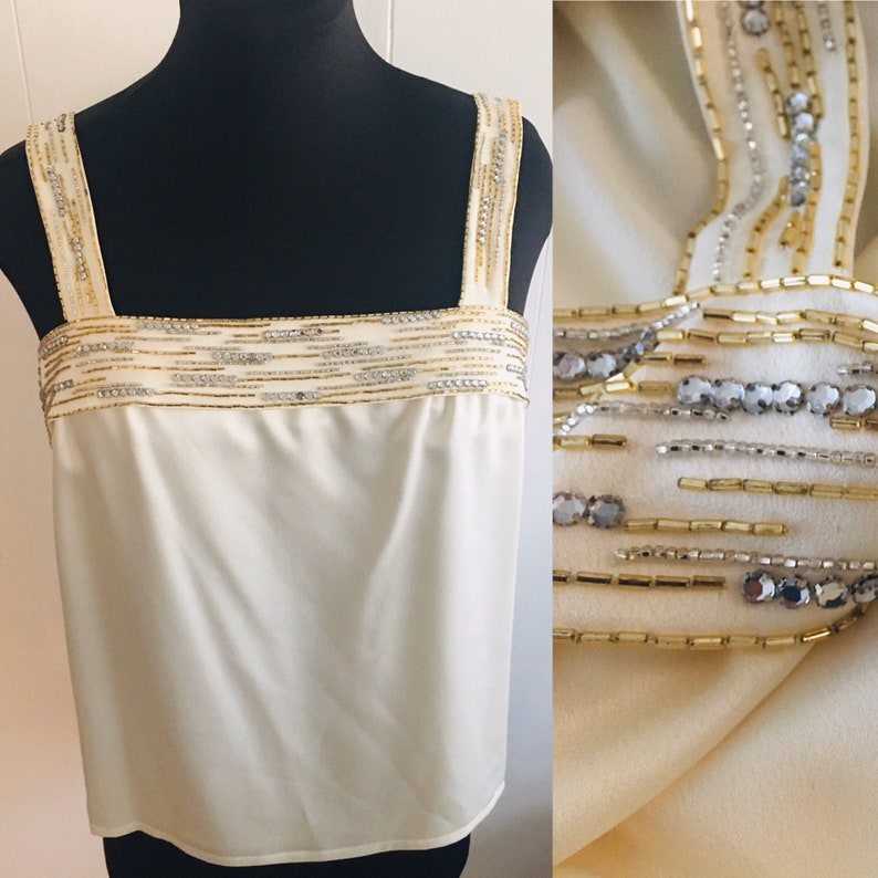 Vintage NOLAN MILLER *Size 16* Faux Silk Beaded Rhinestone Embellished Camisole Cami Tank Top