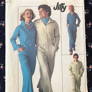May include: A Simplicity 7619 Jiffy sewing pattern envelope for a jumpsuit in size 16. The cover features illustrations of two individuals wearing long-sleeved jumpsuits with collars, front zippers, and pockets in blue and light beige colors.