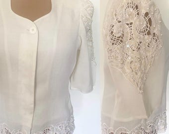 Vintage 80s ANNE FRENCH Pearl Embellished Blouse *Size 10* Ivory Linen Sequin Wedding Top