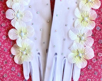 Vintage 50s-Inspired Sheer Wedding Gloves *WHITE* Tulle Embellished Prom Evening Gloves
