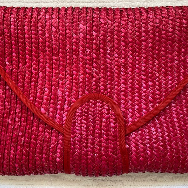 SALE! Vintage Raffia Woven Clutch *Red* Large Woven Straw Purse