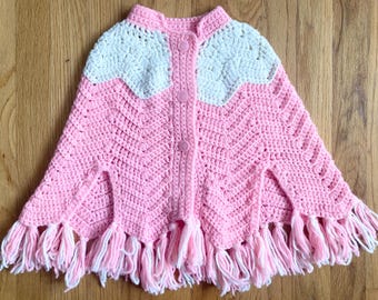 Vintage 60s Girl's Crocheted Cape *3-5 Years* PINK/WHITE Short Fringed Capelet