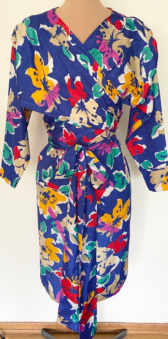 SALE! Vintage Silky 80s Wrap Dress *Large* BLUE B… - image 2