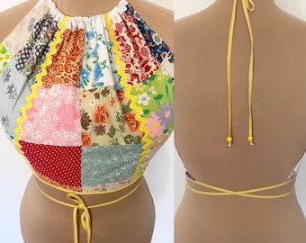 Vintage 70s-Inspired Quilted Halter Top *Medium* Patchwork Cotton Blend Boho Crop Top