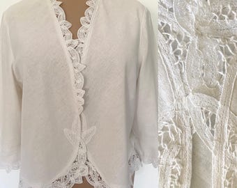 Vintage PLAZA COLLECTION Linen Jacket *16W* White Lace Trim Summer Blazer