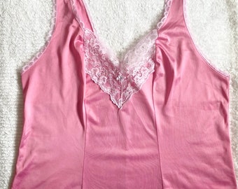 Vintage 80s Pink Nylon Cami *Size XL* Embellished Lace Camisole