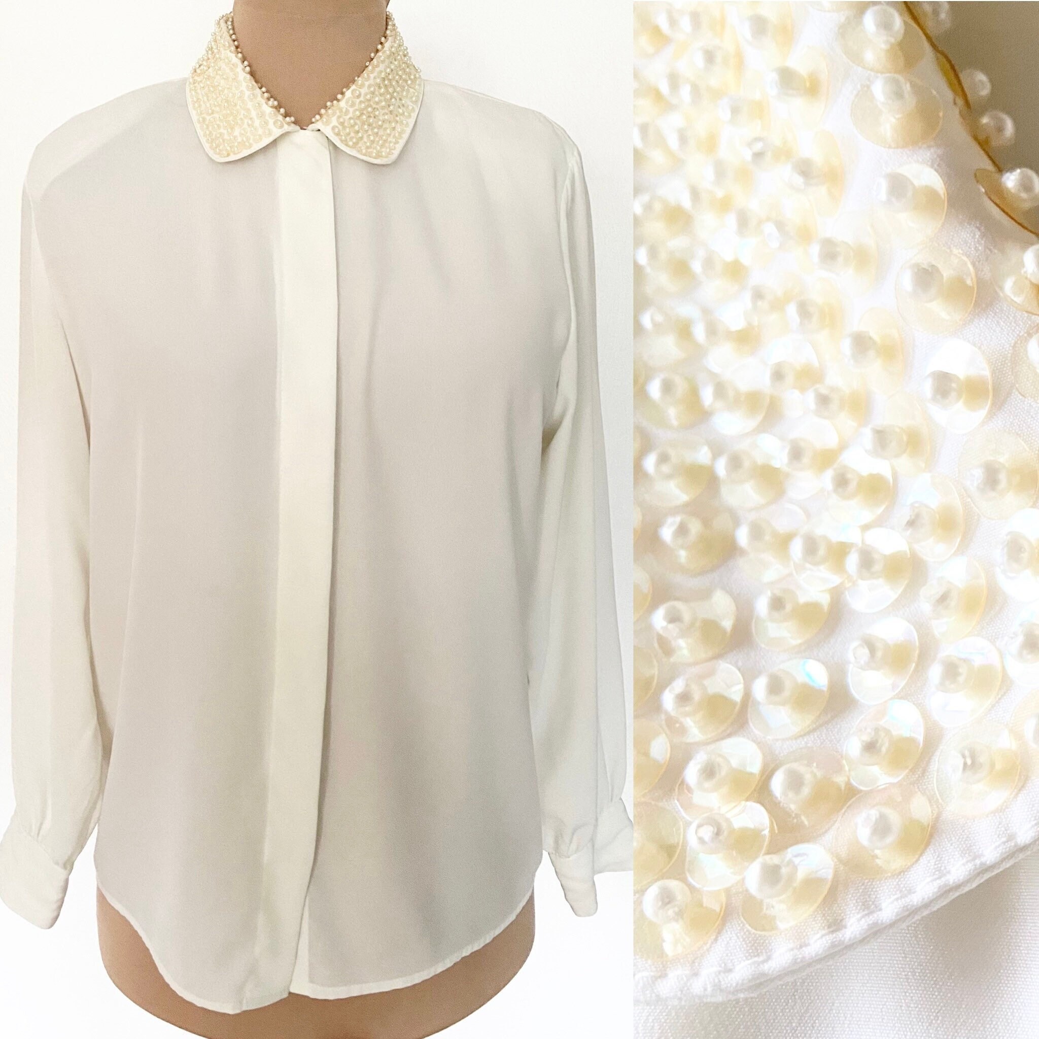 SALE Vintage Beaded Collar Blouse 14 Petite LA CHINE Ivory - Etsy