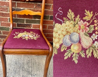 Vintage Federal-Style Carved Mahogany Rose Burgundy Floral Needlepoint Side Chair