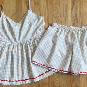 Vintage 50s-Inspired Playsuit *Large/XL* SAND Cotton Gingham Babydoll Shorts Pajamas