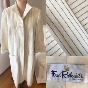 Vintage 60s ROTHSCHILD Duster Coat *Large* Ivory Blue White Striped Spring Coat