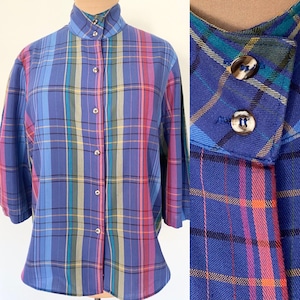 SALE! Vintage 80s Plaid Blouse *Size 16* CHERYL TIEGS Blue Cotton Blend Button Down Top
