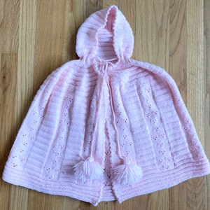 Vintage 60s Girl&#39;s Crocheted Cape *One Size* PINK Short Hooded Pom-Pom Sweater