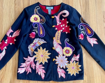 SALE! Vintage 90s Indigo Moon Embroidered Jacket *XS* Embellished Paisley Art Deco Blazer