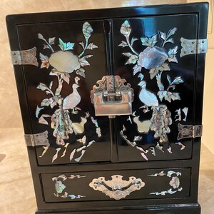 Vintage Asian Black Lacquer  and Abalone Shell Jewelry Chest