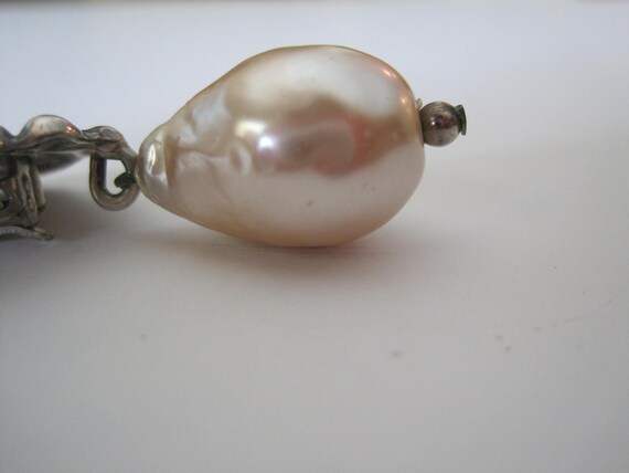 Vintage Silver Cartouche and Faux Pearl Clip Earr… - image 6