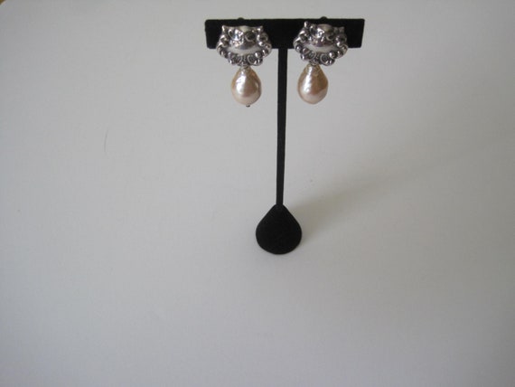 Vintage Silver Cartouche and Faux Pearl Clip Earr… - image 1