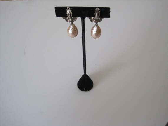 Vintage Silver Cartouche and Faux Pearl Clip Earr… - image 2