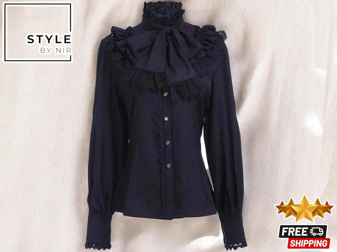 Victorian Shirt Women's Gothic Shirt Vintage Long Sleeve Lotus Pleated Top