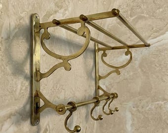 Unlacquered Brass Towel Rack with Shelf and Hooks | Wall Mounted Bathroom Train Rack | Antique Brass Coat Rack | Gold Towel Bar